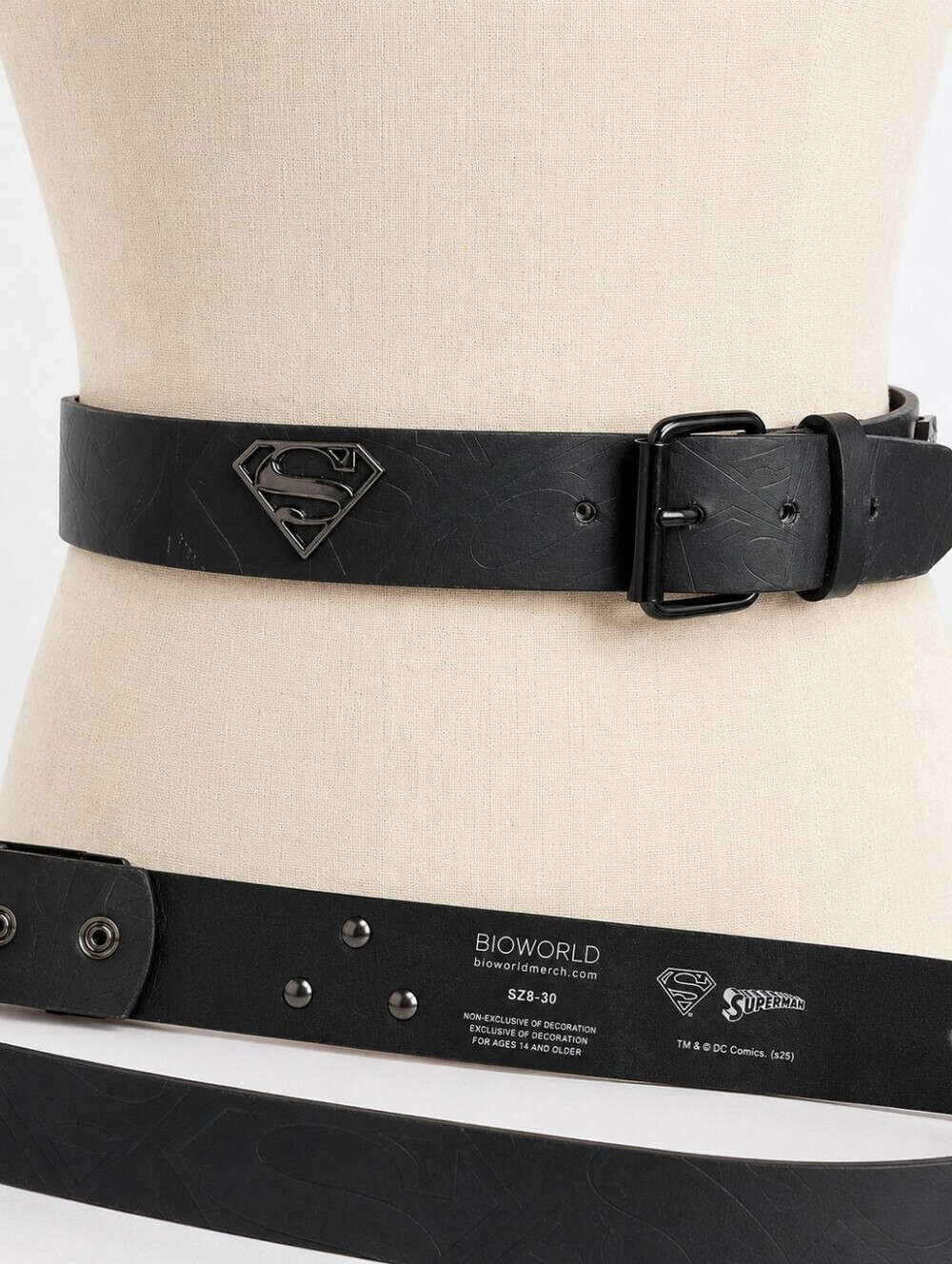 Bioworld Superman Black Embossed Logo Belt Metal Shield Size 28–30 S